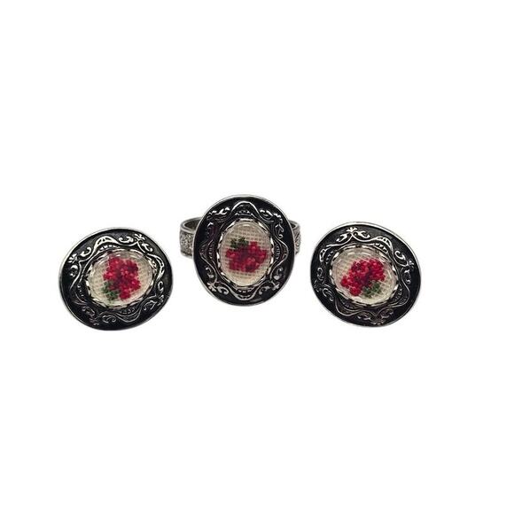 Vintage Petit Point Embroidered Rose Ring & Earring Set - Picture 1 of 8